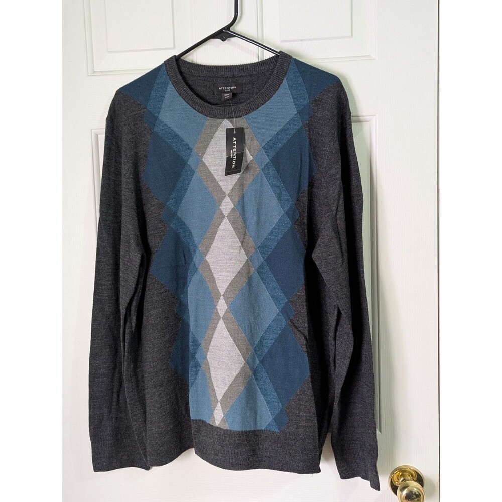 NWT Attention L/S Sweater Mens XL Gray Blue Argyle Crew Neck Classic Stretch